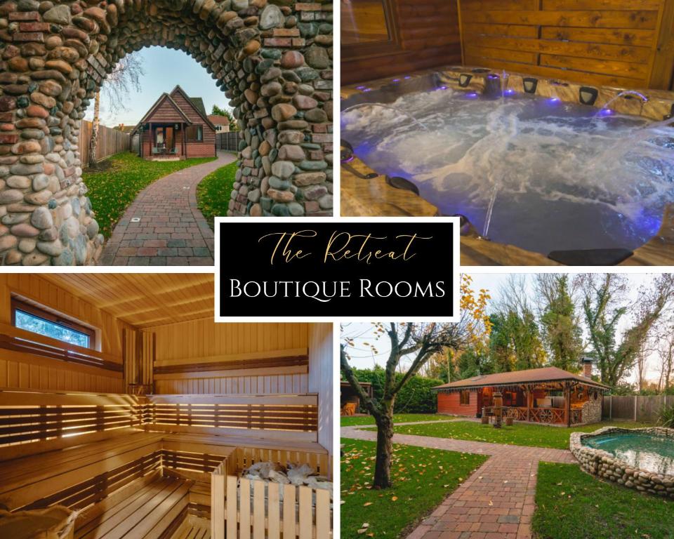 un collage de photos avec un bain à remous et un bâtiment dans l'établissement The Retreat Sauna & Hot Tub Boutique Rooms, à Great Paxton