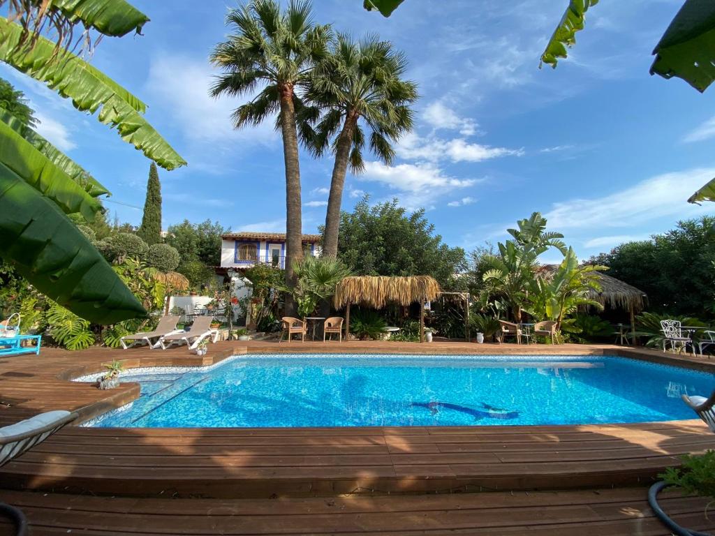 a pool with palm trees and a house in the background at Hotel Altea Paradise 1917 - Adults Only in Altea