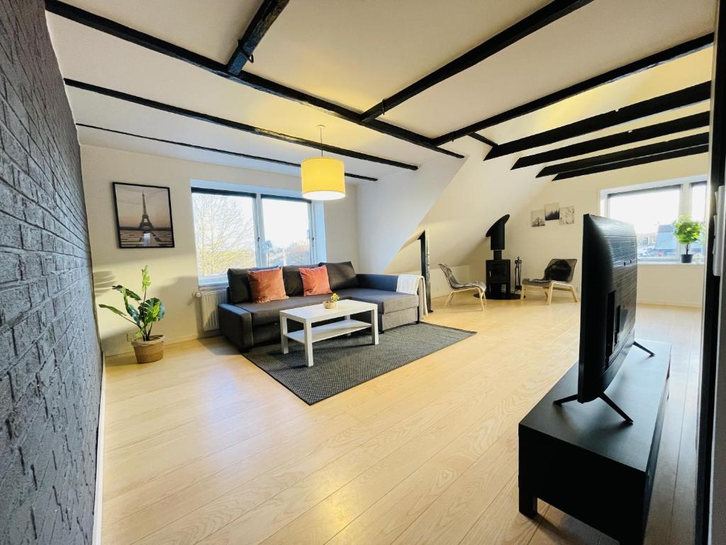 uma sala de estar com um sofá e uma televisão em aday - 3 bedrooms luxurious apartment in Svenstrup em Svenstrup