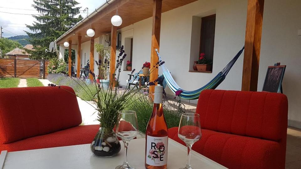 einen Tisch mit zwei Gläsern und einer Flasche Wein in der Unterkunft Borsika Napterasz Pihenőház in Pálosvörösmart