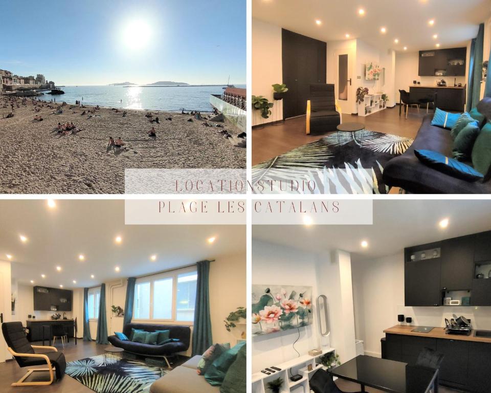 a collage of photos of a living room and a beach at Coste Investissement - Le petit Catalan in Marseille
