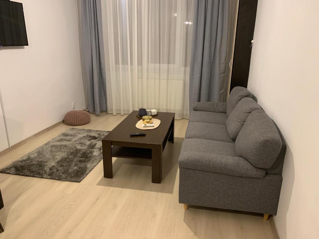 un soggiorno con divano e tavolino da caffè di Confort Apartment a Mediaş