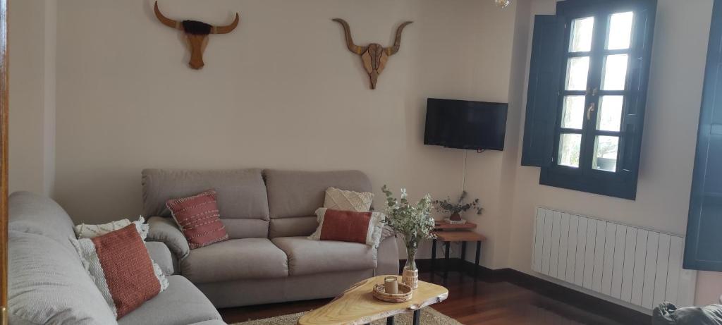 een woonkamer met een bank en een tv bij Apartamento Portovello con vistas al río in Allariz