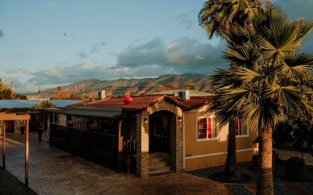 a house with a palm tree next to a building at Cabaña R y A Valle de Guadalupe in Valle de Guadalupe