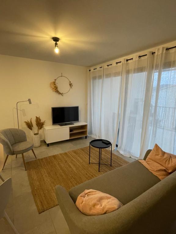 un salon avec un canapé et une télévision dans l'établissement Les Cyclistes : appartement Vintoux, à Malaucène