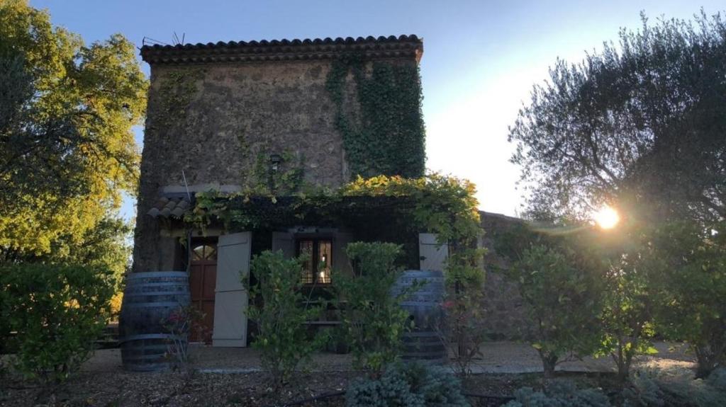 Una pequeña casa de piedra con vides creciendo en ella. en Le cabanon du capelan, en La Motte