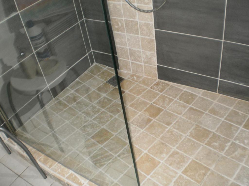 a shower with a glass door in a bathroom at Le jardin aux oiseaux in Saint-Jouan-de-lʼIsle