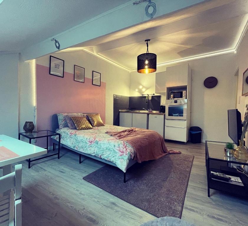 ラ・ギャルドにあるLa garde Studio atypique Le Rocher, climatisation, belle décorationのベッドルーム1室(ベッド1台付)、キッチン