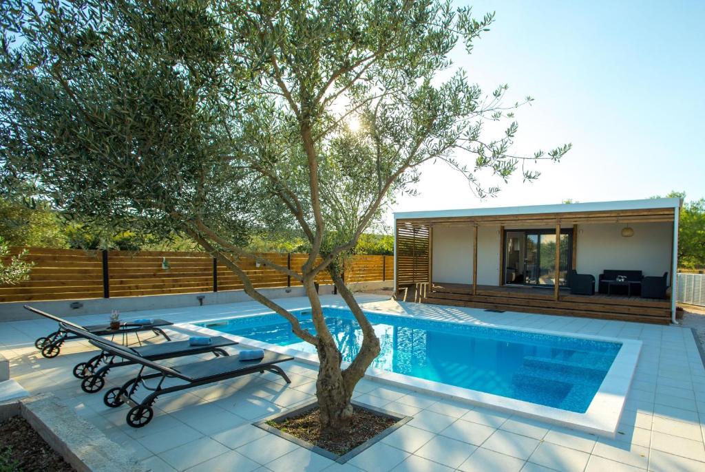 - une piscine avec un arbre et une maison dans l'établissement MY DALMATIA - Holiday home Relax with private pool, à Sveti Filip i Jakov