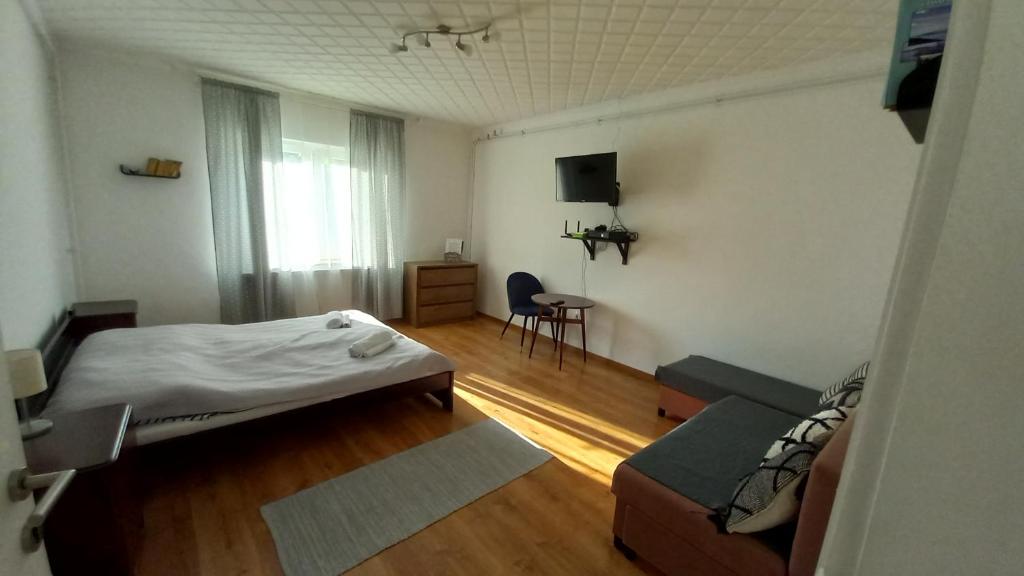 Habitación con cama y sofá. en Kuckó Apartman, en Badacsonytördemic