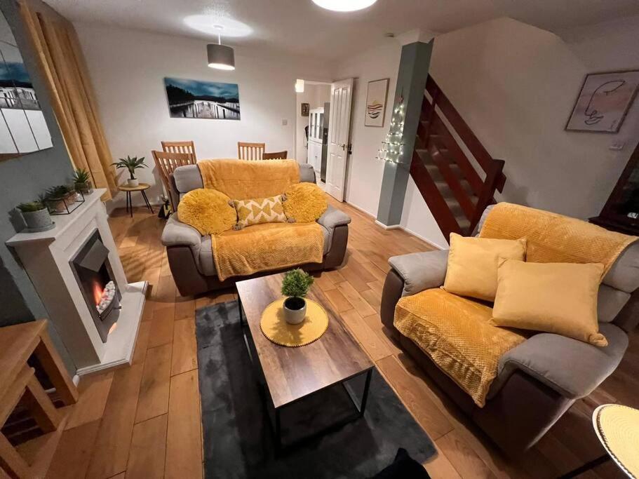 uma sala de estar com dois sofás e uma lareira em Lovely Stylish 3 Bed House with Free Parking em Norwich