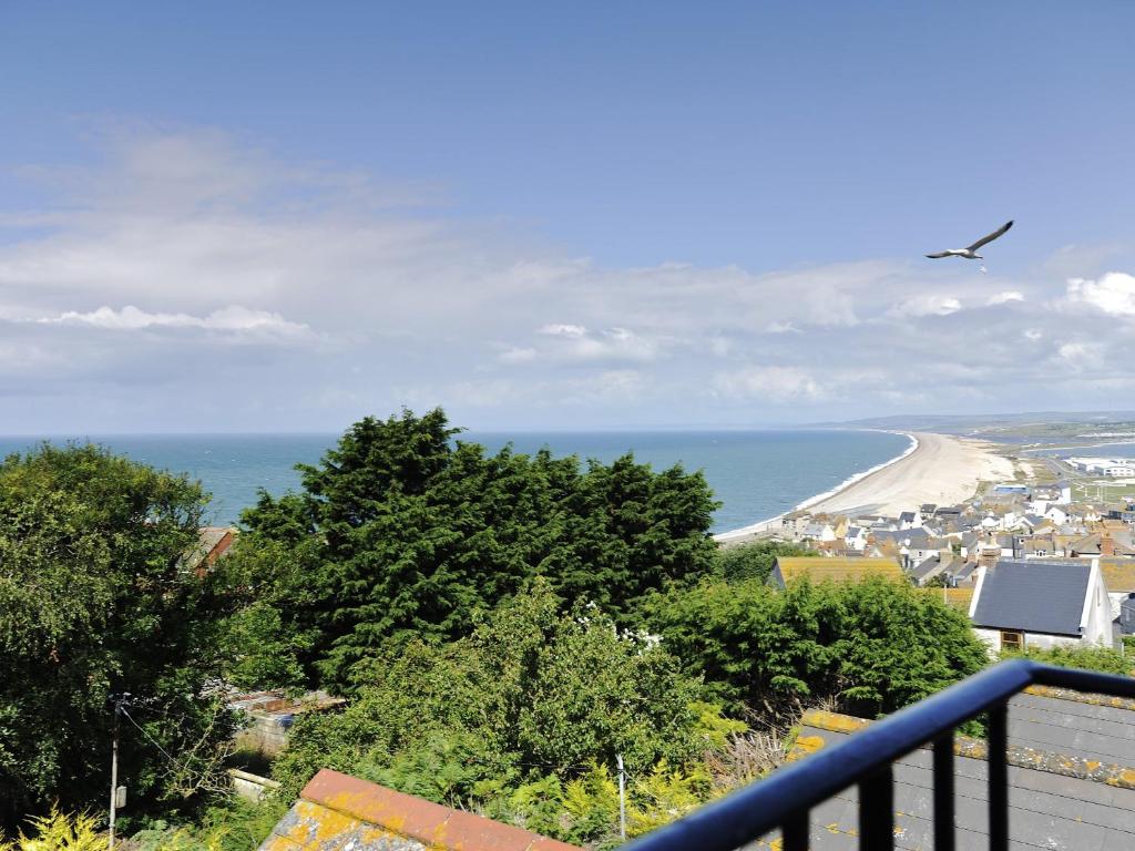 a view of a beach with a bird flying over it at Chesil View House in Portland