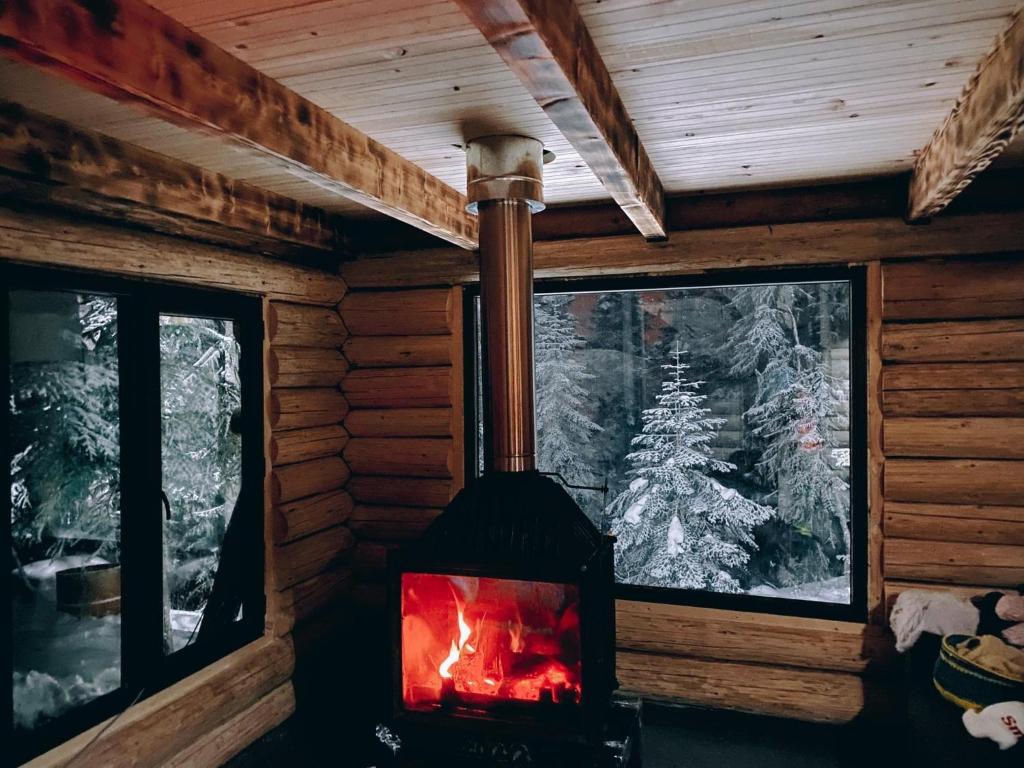 a fireplace in a log cabin with a window at Hut In Hatsvali in Mestia