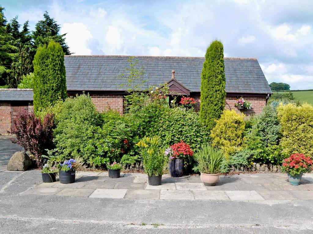 a garden with potted plants in front of a building at Woods Cottage in Evershot