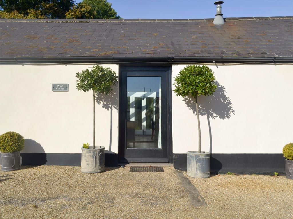 a white house with a black door and two potted trees at Pond-b6844 in Sedghill