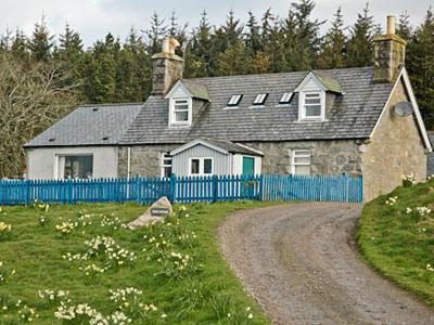 a house with a blue fence next to a dirt road at Reids Cottage in Lairg