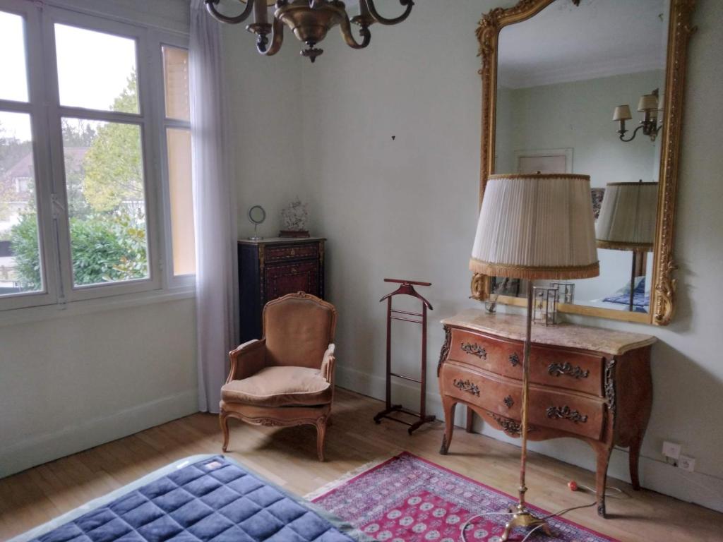 a room with a mirror and a chair and a dresser at Le castel Le Notre in Antony