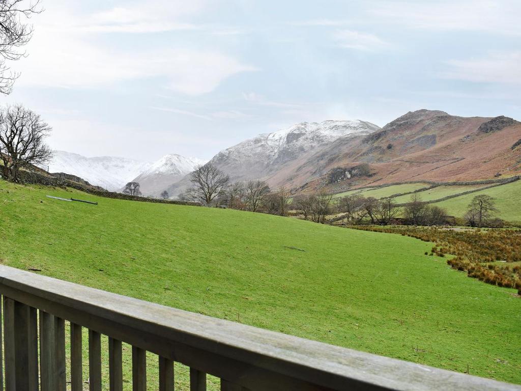 a view of a green field with mountains in the background at Howegrain Lodge in Glenridding