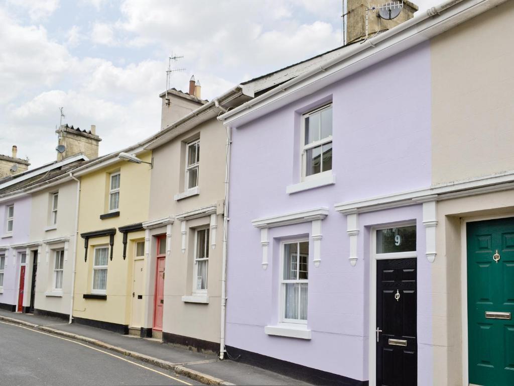 a row of colourful houses on a street at Lavender Cottage in Buckfastleigh