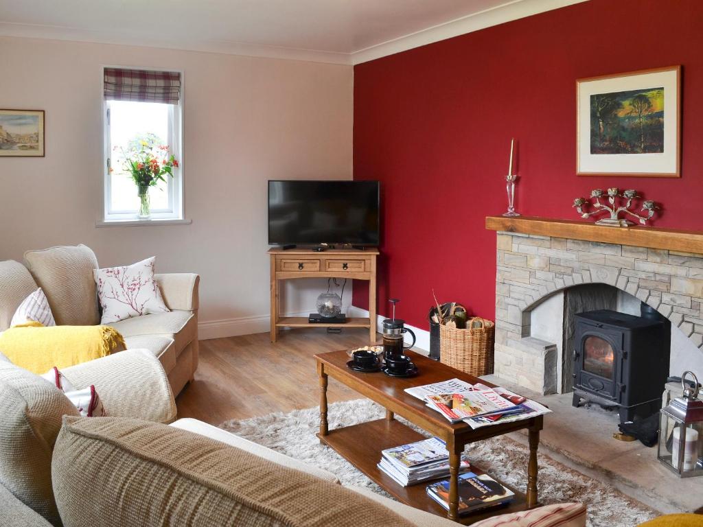 a living room with a fireplace and a tv at Ashlea in Barnard Castle