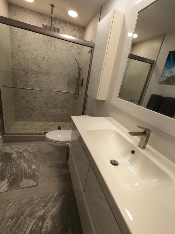 a bathroom with a sink and a toilet and a shower at Naples Dream at WTC with Heated Pool SPA Sauna 7 bicycles and 3 mls to beach in Naples