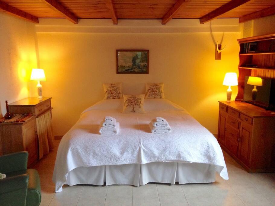 a bedroom with a white bed with two towels on it at Gardeners Delight Studio La Casita Barrio Chapelco in San Martín de los Andes