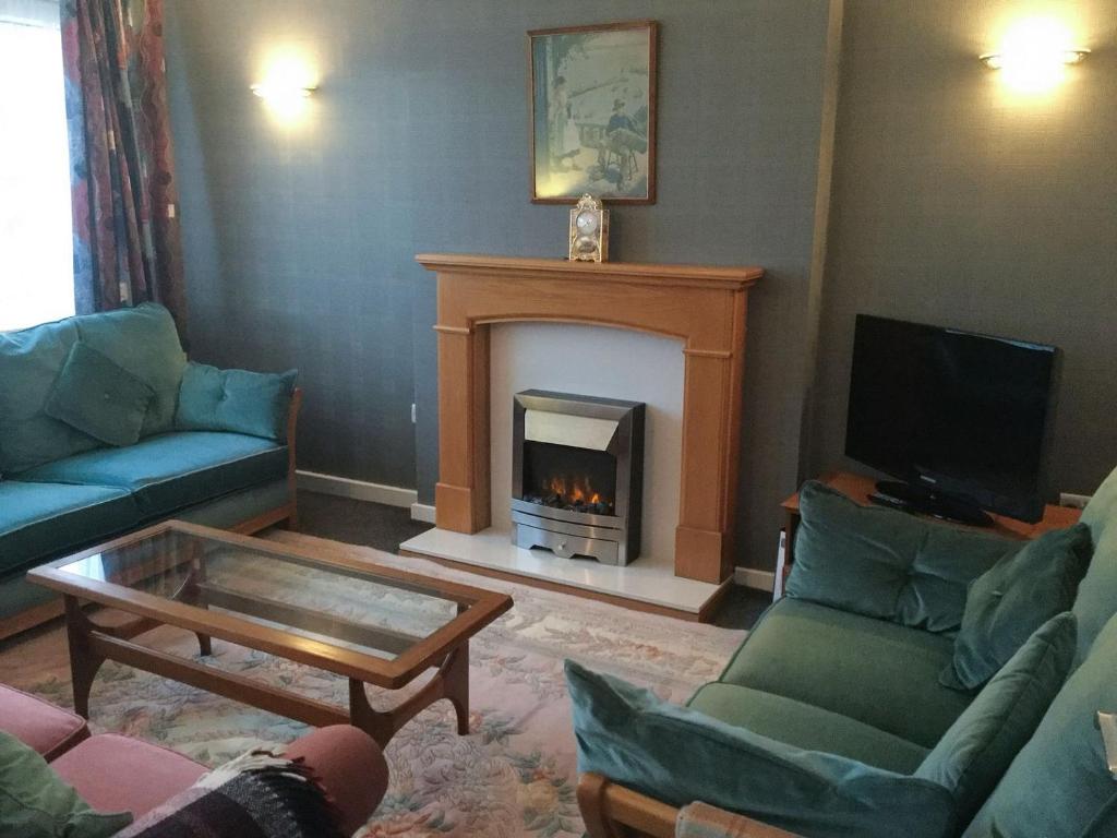 a living room with a fireplace with couches and a tv at The Briar Rose in New Herrington