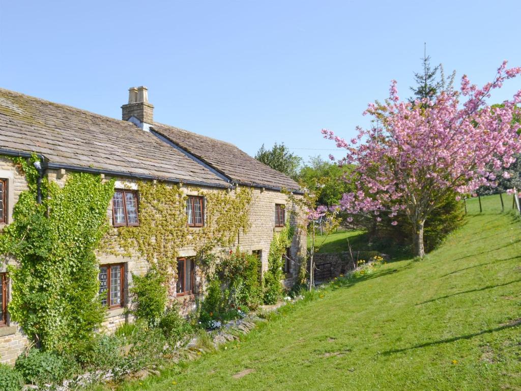 una vieja casa de piedra en una colina con un árbol florido en Townfield Farm, en Chinley