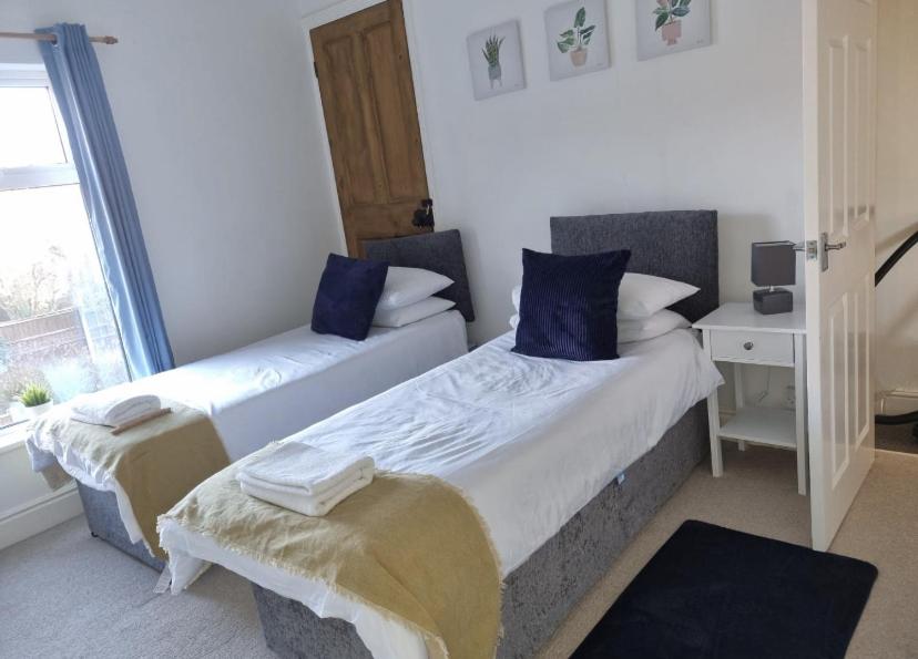 a bedroom with two beds with blue pillows and a window at Selston House, 3 bedroom cosy cottage Home for up to 6 Guests, Cul-de-sac on Private road in Nottingham