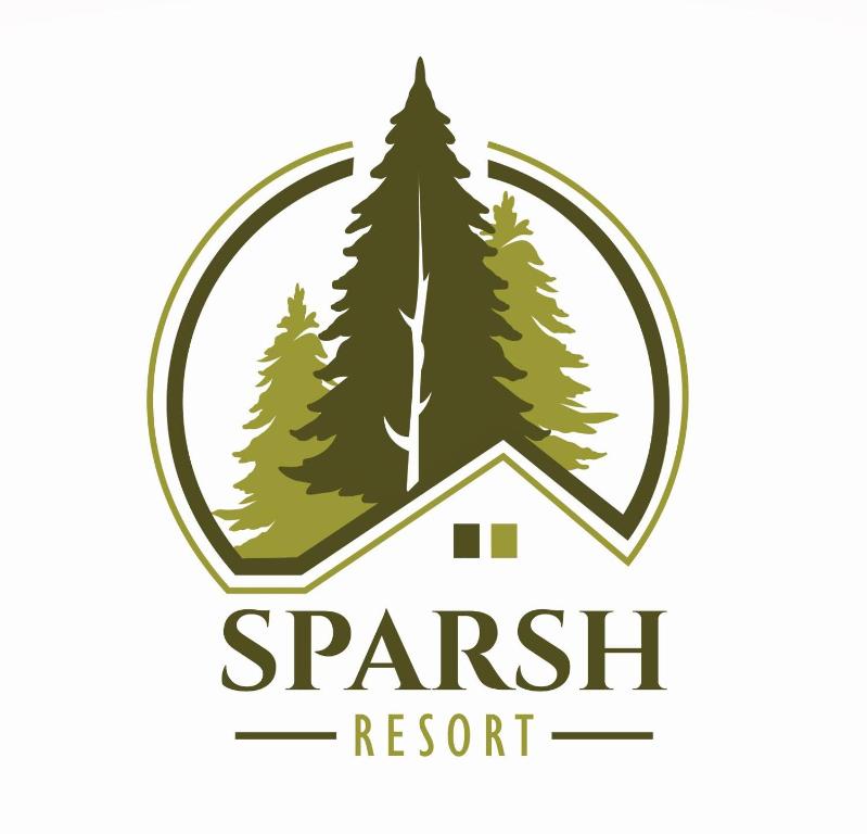 un logo pour un complexe espagnol avec des arbres et une maison dans l'établissement Sparsh Resort, à Manali