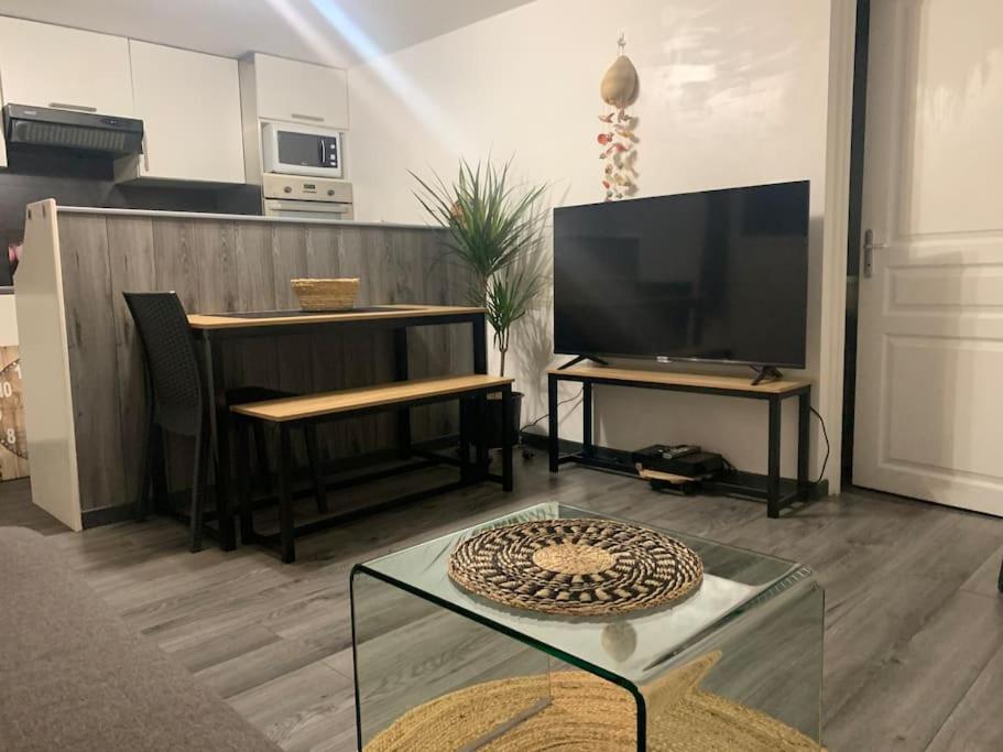 uma sala de estar com uma televisão e uma mesa em Appartement detox au pied du semnoz em Seynod