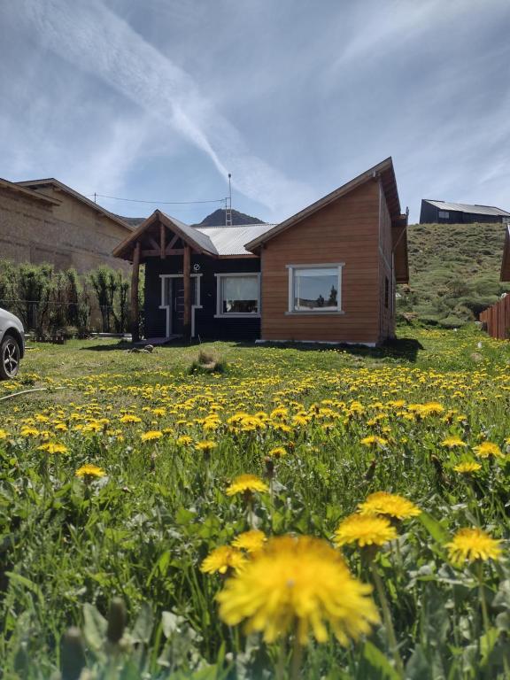 a house with a field of flowers in front of it at Casa Pircas in El Chalten