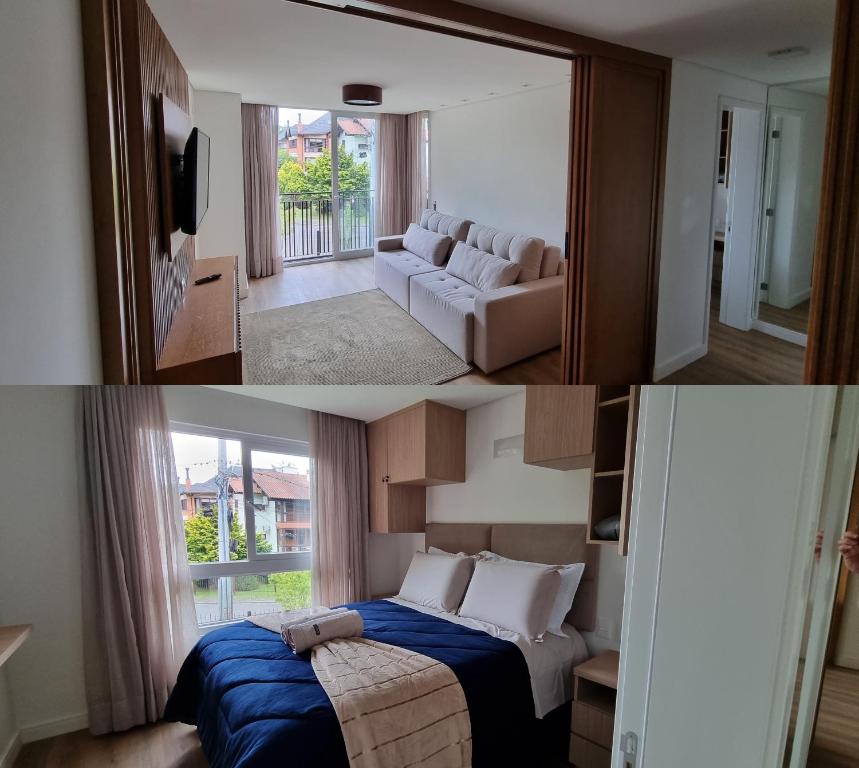 2 fotos de un dormitorio con cama y sala de estar en Apartamento Inteiro em Gramado Bavária Centro, en Gramado