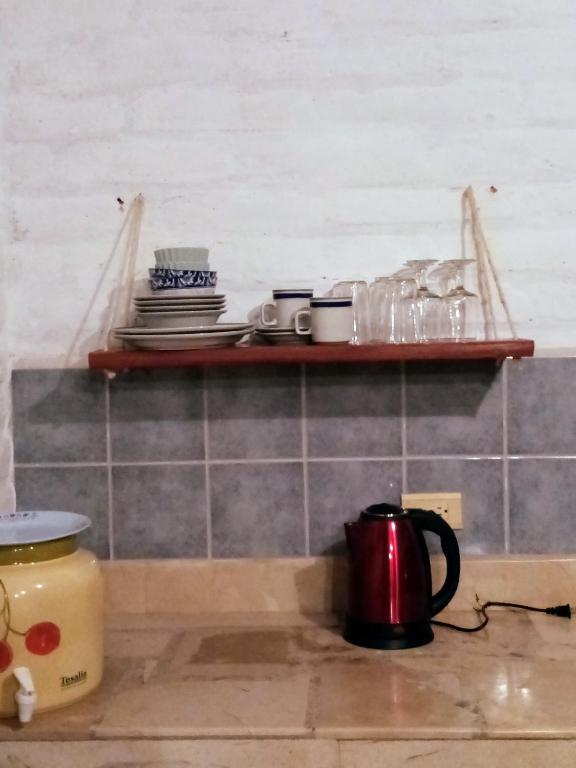 una encimera de cocina con platos y vasos en un estante en La Casa de los Patos, en Quito