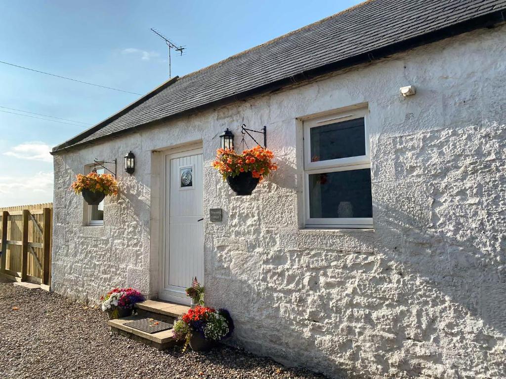 a white brick house with flowers on the door at Pleacairn Cottage in Dalton