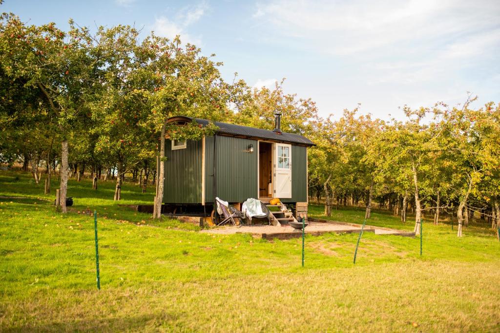 a green shed in the middle of a field at Harrys Hideout - Shepherd's Huts at Harrys Cottages in Pen y Clawdd