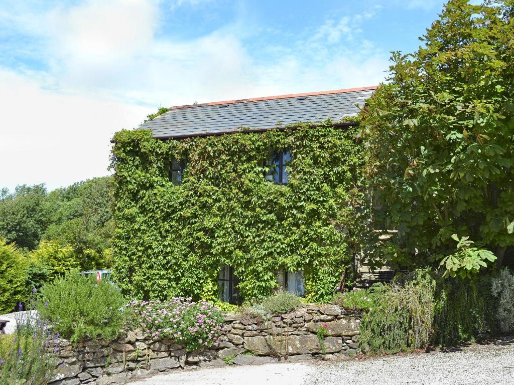 una casa cubierta de hiedra con una pared de piedra en Hollies Cottage - 27593 en Perranzabuloe