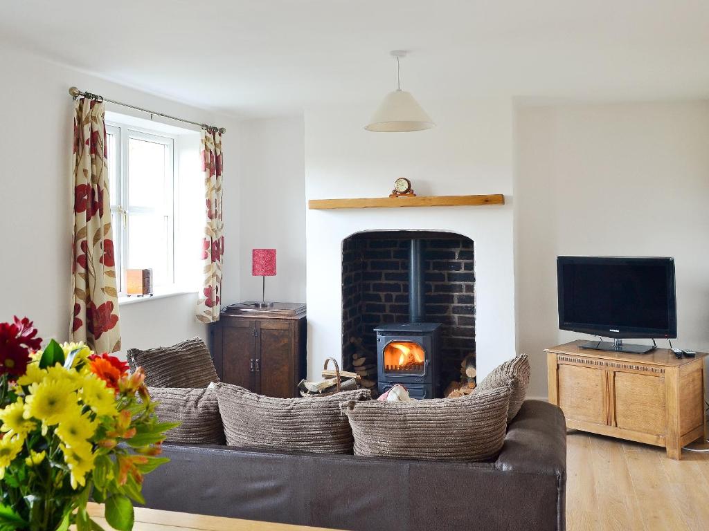 a living room with a couch and a fireplace at Chorlton Moss Cottage in Maer