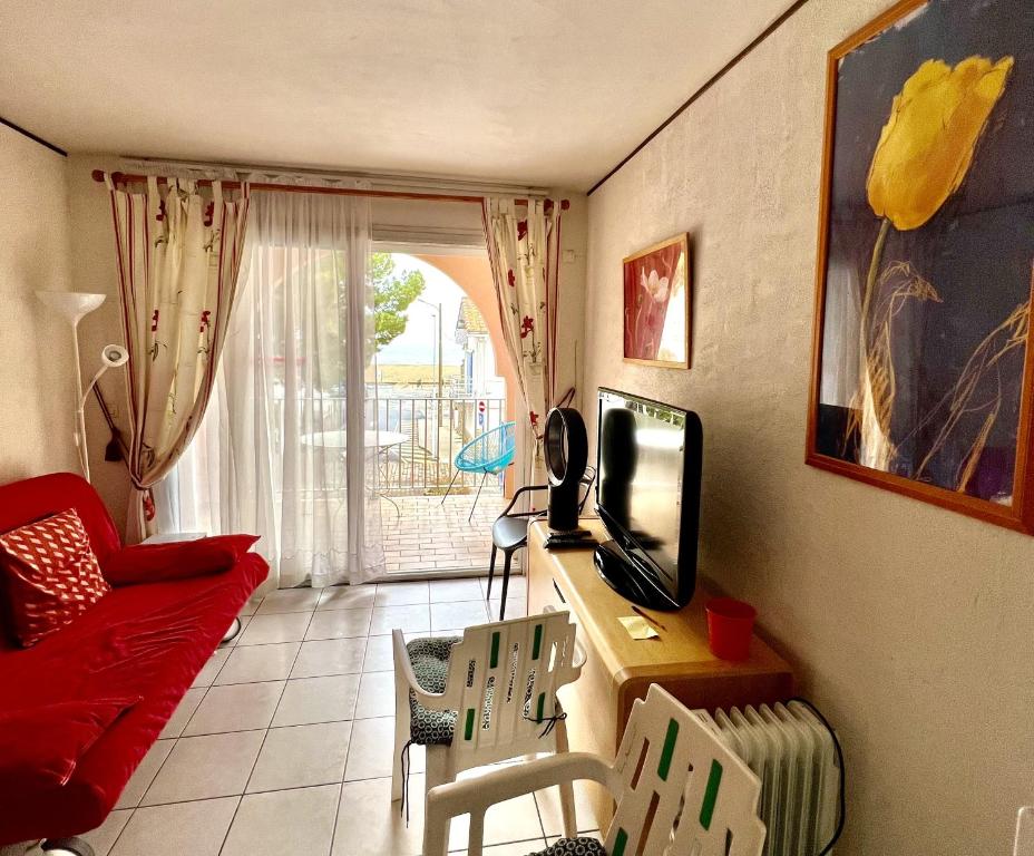 sala de estar con sofá rojo y TV en Appartement familial labélisé centre du Racou, en Argelès-sur-Mer