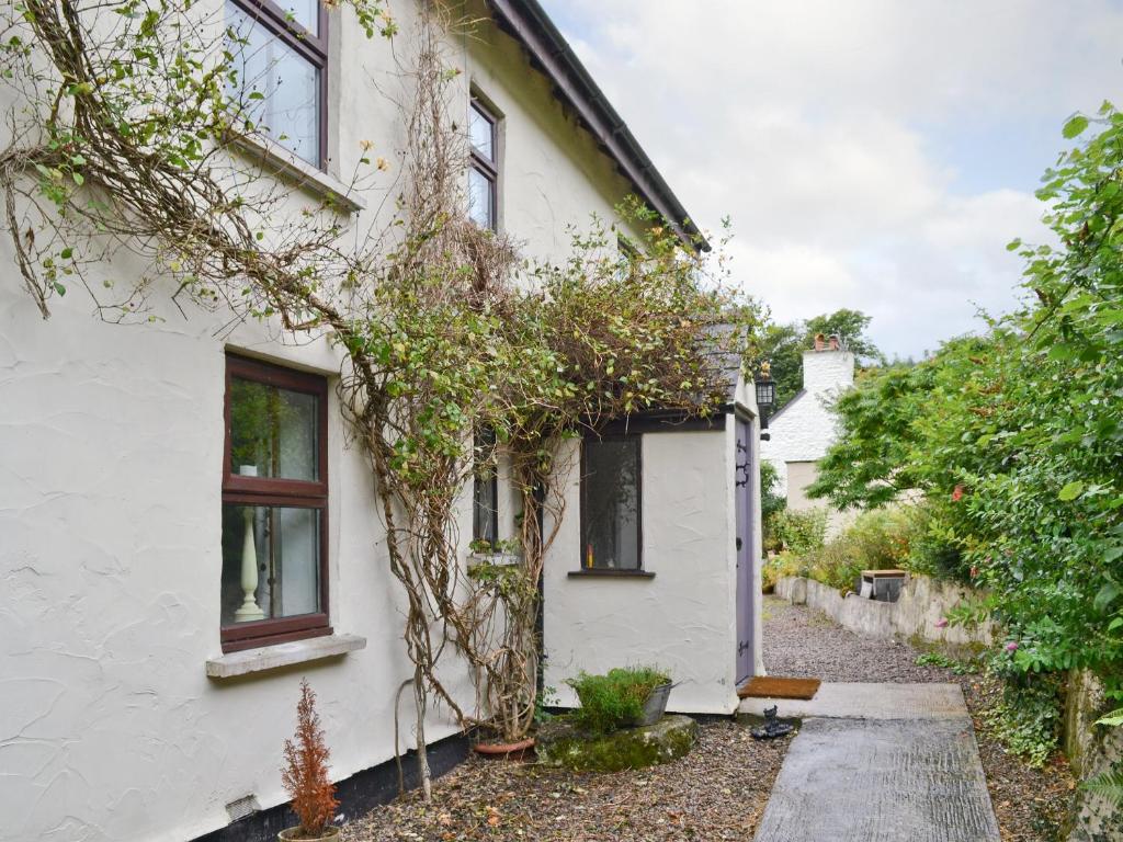 a white house with a pathway in front of it at Gwar Nant Cottage in Ystrad-ffin