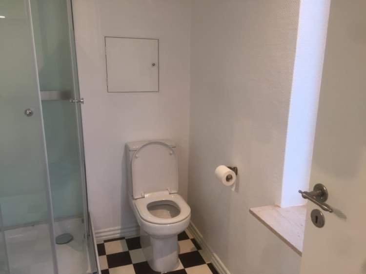 a bathroom with a toilet and a glass shower at VV Apartments 50,1 in Ringsted