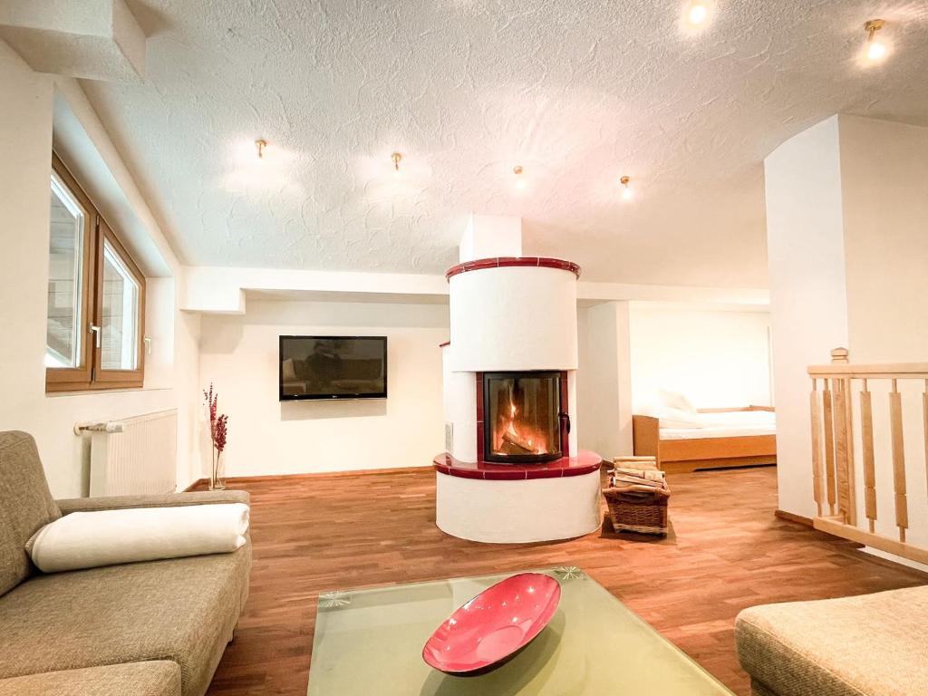 平茲高地區霍勒斯巴赫的住宿－Apartment Auszeit - Sommercard inklusive，客厅设有壁炉和沙发。