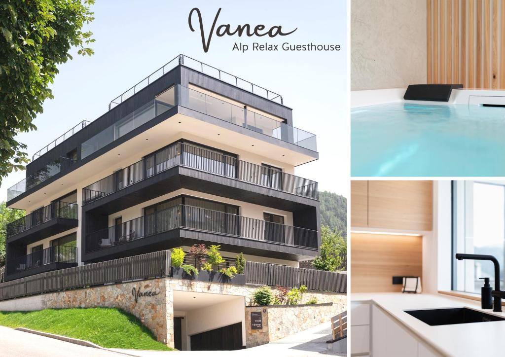 een collage van foto's met een gebouw en een zwembad bij VANEA - Alp Relax Guesthouse in Chienes