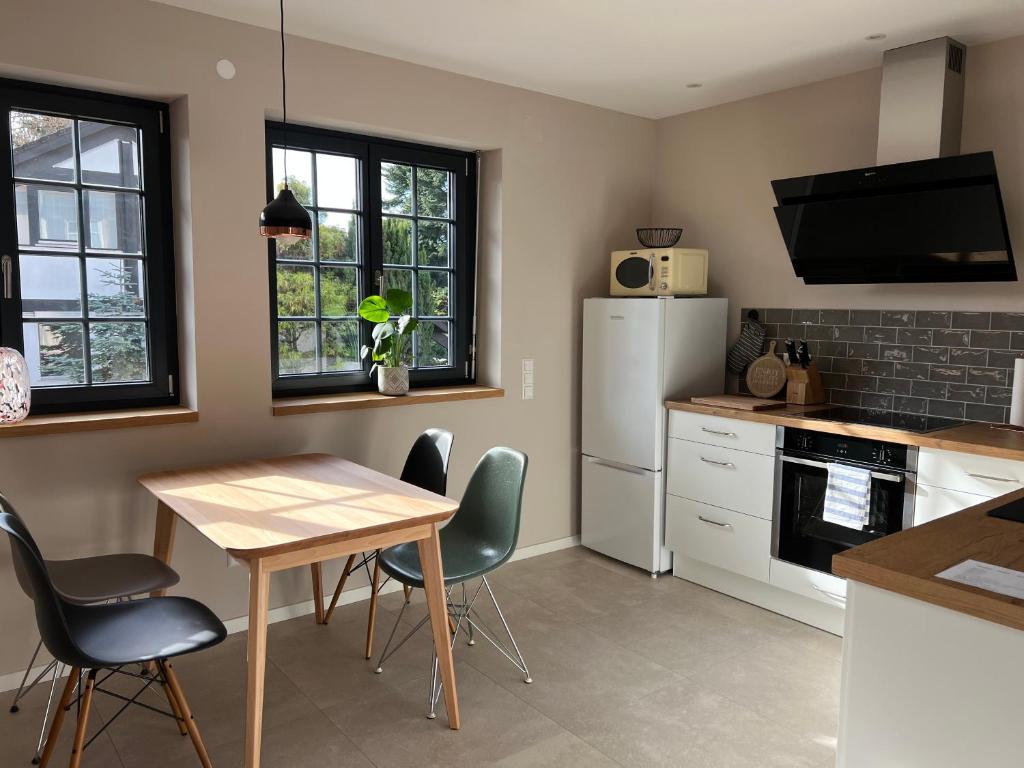 a kitchen with a table and chairs and a refrigerator at Ferienwohnung Plan B in Lörrach