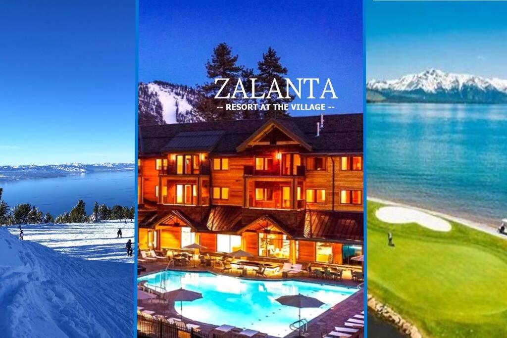 un collage de tres fotos de un resort zahra en el lago en Ski In/Out - Zalanta - Great Location- 2 Hot Tubs - Heated Pool en South Lake Tahoe