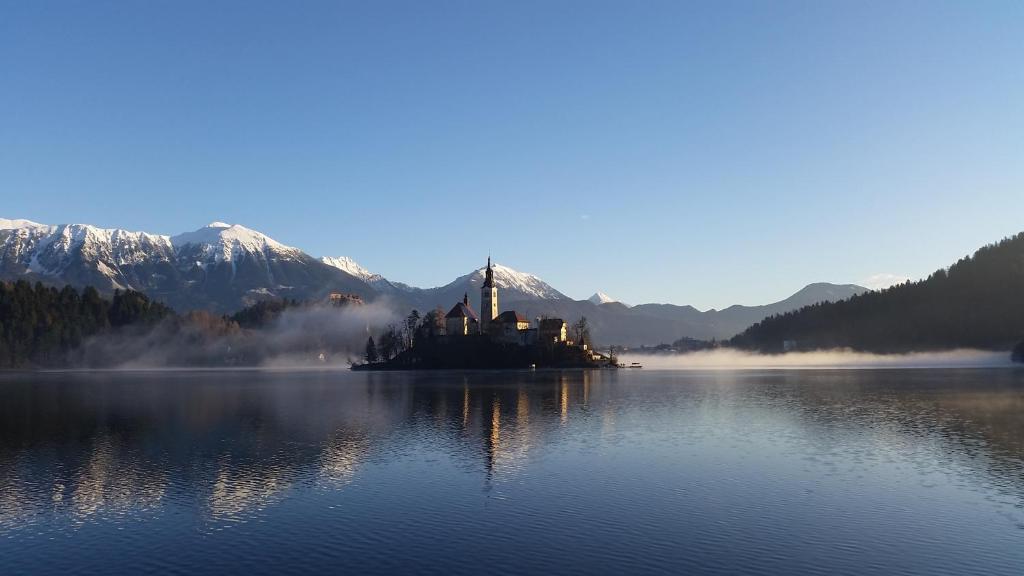 una isla en medio de un gran cuerpo de agua en Maline Apartments, en Bled