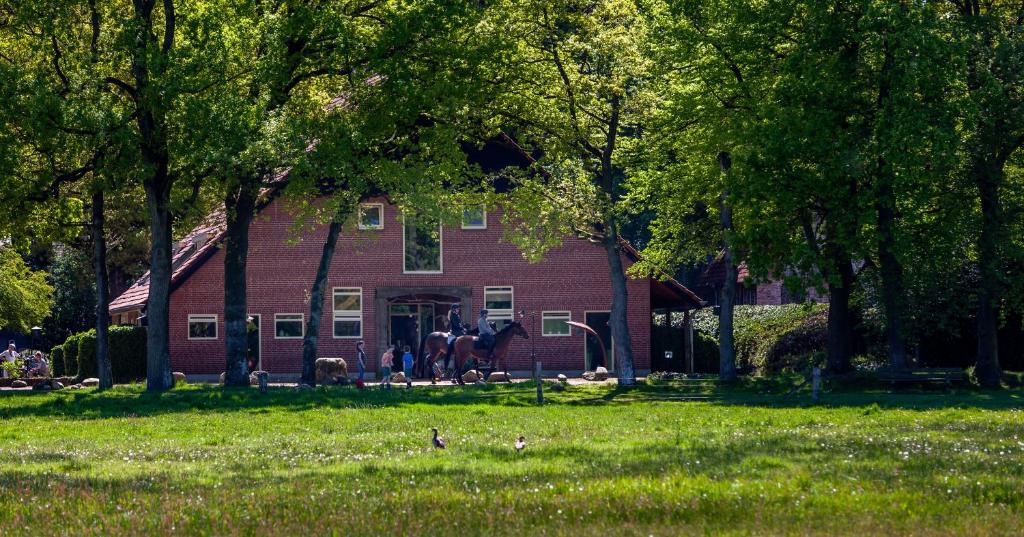 uma casa de tijolos vermelhos com uma estátua de cavalo no quintal em Hoeve Springendal em Ootmarsum