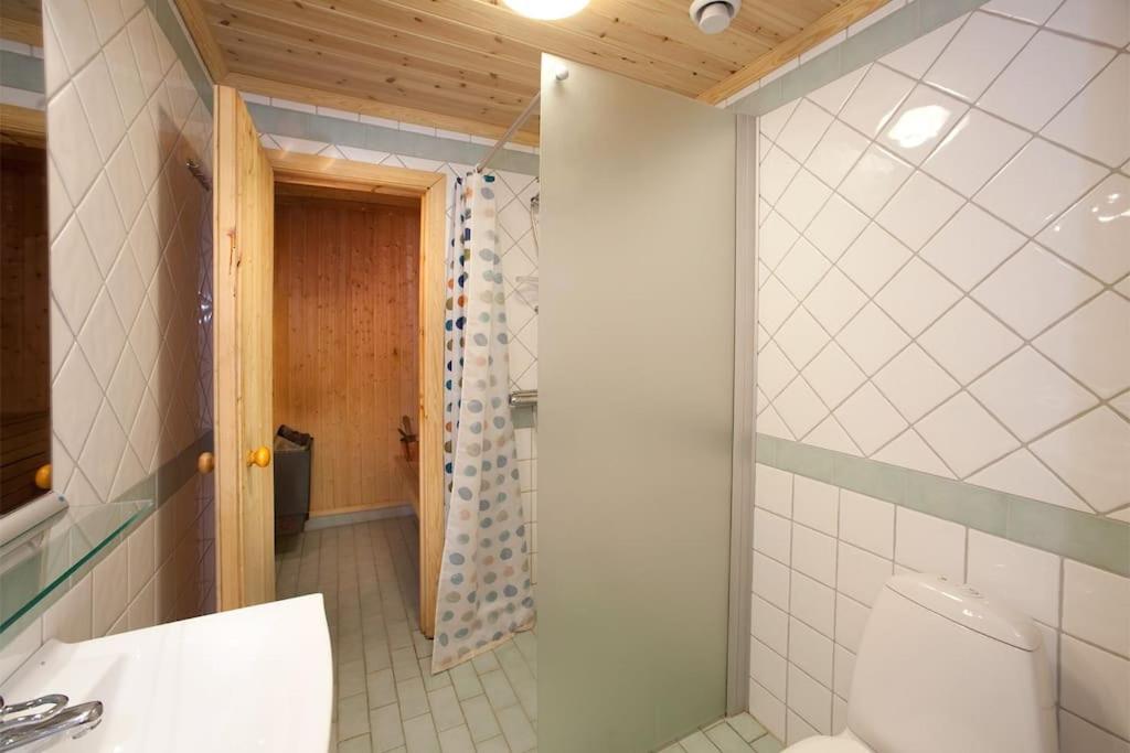 a bathroom with a toilet and a shower at Cabin in Bruksvallarna in Bruksvallarna