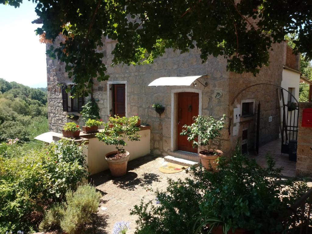 una casa in pietra con piante in vaso di fronte di Stunning 1-Bed House in Castel Cellesi Italy a Bagnoregio
