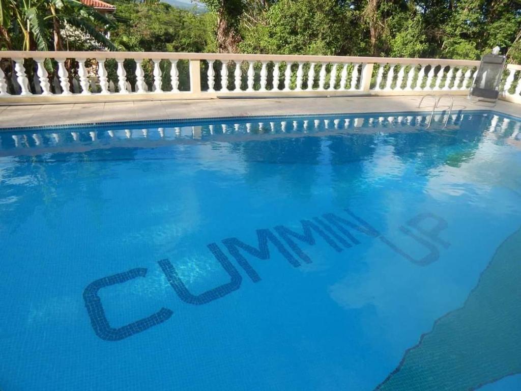 a large blue swimming pool with the word equity on it at Cummin up in Fort Jeudy